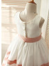 Ivory Taffeta Pink Stripes Knee Length Flower Girl Dress  